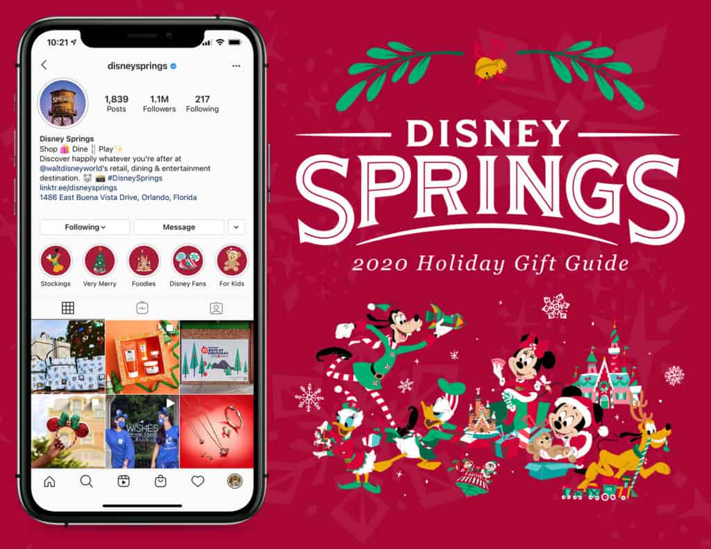 Disney Springs’ Instagram displayed on a smartphone, festive holiday icons, beloved Disney characters, and bold "2020 Holiday Gift Guide" text all set against a vibrant red background evoke the magic and excitement of celebrating the holidays at Walt Disney World Resort in this cheerful online gift guide scene.