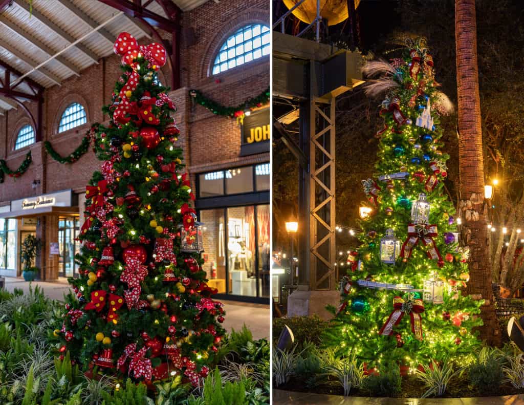 Experience the enchanting glow of holiday lights as you stroll past spectacularly decorated Christmas trees both inside and outside, adorned with shimmering bows and Disney-themed ornaments—delivering the festive spirit that makes Disney Springs magical at night.