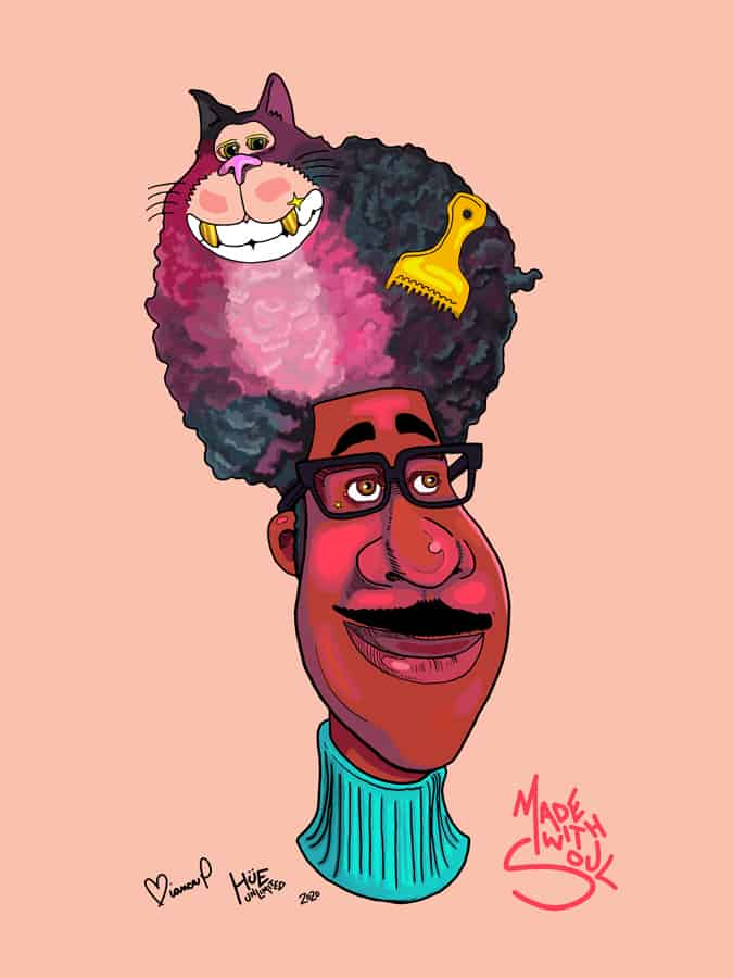 Whimsical cartoon design featuring a joyful, curly-haired man with a yellow pick comb and glasses, accompanied by his cat—capturing the playful spirit of Pixar’s Soul merchandise. Perfect for fans seeking fun Disney collectible art inspired by beloved animation.