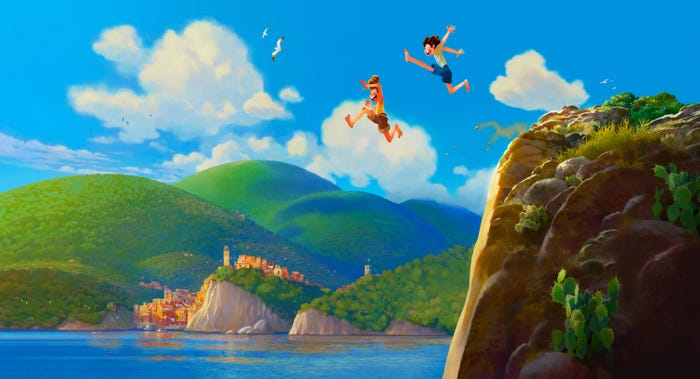 Two animated boys joyfully dive off a cliff into sparkling blue waters, with a charming Italian-inspired village and rolling green hills reminiscent of Disney parks scenery in the background, evoking the magical adventure and wonder found in Disney’s 2021 film experiences.