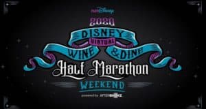 The 2020 runDisney Virtual Wine & Dine Half Marathon Weekend logo, decorated with festive blue and purple ribbon graphics, capturing the spirit of Disney’s popular racing and foodie event for fans at home.
