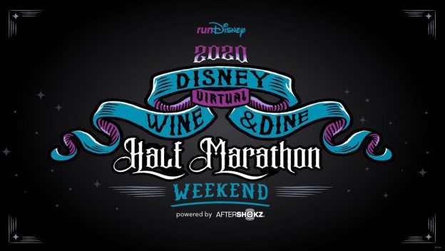 The 2020 runDisney Virtual Wine & Dine Half Marathon Weekend logo, decorated with festive blue and purple ribbon graphics, capturing the spirit of Disney’s popular racing and foodie event for fans at home.
