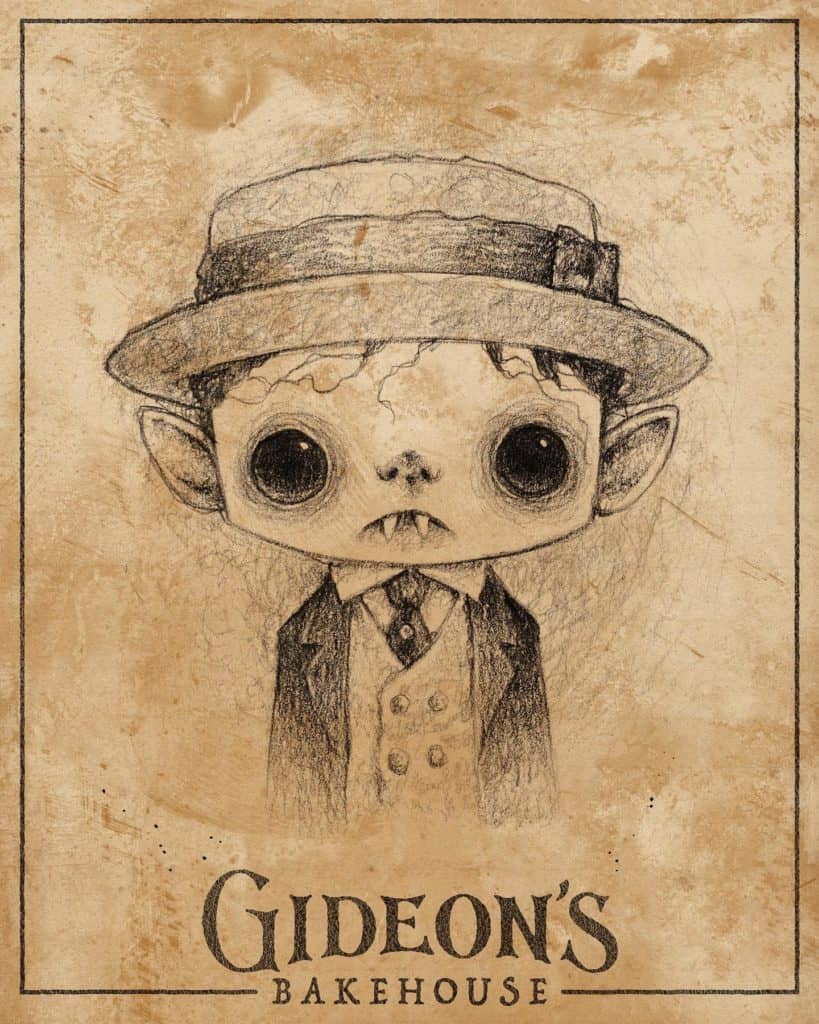 Pencil sketch of the iconic Gideon's Bakehouse mascot—a wide-eyed child in a vintage suit and hat—with "Gideon's Bakehouse" written underneath, channeling the quirky, magical vibe of its soft opening at Disney Springs.