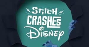A striking teal rip through black paper featuring the “Stitch Crashes Disney” logo and Stitch’s paw bursting onto the scene—an irresistible collectible for Disney Parks fans and followers of the Monthly Stitch Collection, adding exclusive magic to every merch haul.