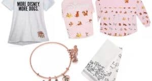 A collection of Disney dog-themed T-shirts, sweatshirt, bracelet, and towel featuring playful cartoon dog designs set against a white background—ideal for Disney fans looking to bring a touch of the parks' pet-loving magic home, available exclusively at shopDisney.