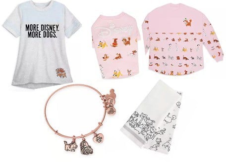 A collection of Disney dog-themed T-shirts, sweatshirt, bracelet, and towel featuring playful cartoon dog designs set against a white background—ideal for Disney fans looking to bring a touch of the parks' pet-loving magic home, available exclusively at shopDisney.