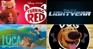 See the latest Disney Pixar excitement with movie logos for Turning Red, Lightyear, Luca, and a playful cartoon dog—highlighting new adventures fans can look forward to experiencing across Disney parks and Pixar attractions.