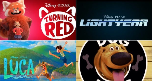 See the latest Disney Pixar excitement with movie logos for Turning Red, Lightyear, Luca, and a playful cartoon dog—highlighting new adventures fans can look forward to experiencing across Disney parks and Pixar attractions.