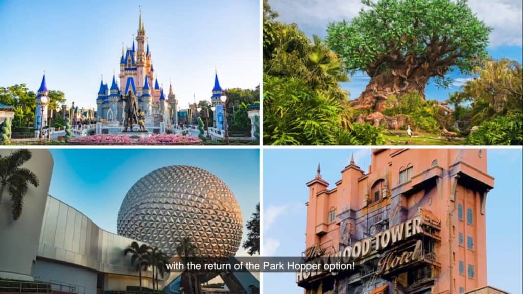 Cinderella Castle, Tree of Life, Spaceship Earth, and Hollywood Tower Hotel sparkle under clear skies—capturing the thrill of park hopping across Disney World’s iconic attractions for theme park fans.
