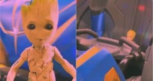 Baby Groot poses against a vibrant blue and yellow backdrop, then enjoys the action inside the Guardians of the Galaxy: Cosmic Rewind attraction at EPCOT, surrounded by dazzling lights that showcase the ride’s energetic atmosphere.