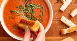 Step into the magic as a hand dunks a classic Grilled Cheese Dipper into rich Tomato Soup topped with fresh basil, served alongside bread pieces—channeling the nostalgic flavors of your favorite Disney Park snack.