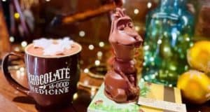 A cozy mug of cocoa topped with marshmallows and a whimsical chocolate reindeer, echoing the treats from The Ganachery at Disney Springs, sits on a festive box surrounded by sparkling lights—an irresistible holiday delight to enjoy alongside Olaf Hot Cocoa Surprise Kits during your Disney experience.