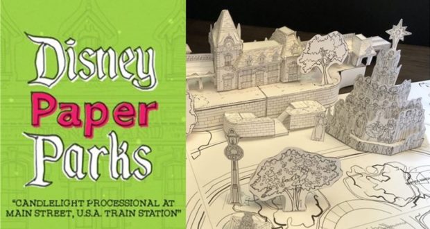 Disney Paper Parks signage and a finely crafted paper model of the Main Street Train Station with a festively adorned tree bring holiday magic to the table, capturing the spirit of beloved Disney traditions like the Candlelight Processional.