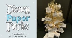 Disney Paper Parks cover alongside a Christmas tree adorned with handmade Disney paper ornaments and festive Disney Parks-themed crafts, capturing the holiday spirit of the parks.