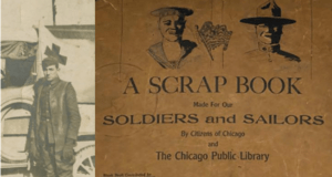 Vintage photo of a soldier standing by a vehicle, alongside a well-worn book cover titled "A Scrap Book for Soldiers and Sailors," captures the spirit of classic Disney collectibles reminiscent of treasures found at Disneyana conventions or the Walt Disney Archives.