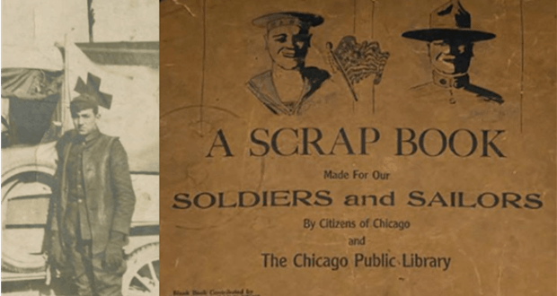 Vintage photo of a soldier standing by a vehicle, alongside a well-worn book cover titled "A Scrap Book for Soldiers and Sailors," captures the spirit of classic Disney collectibles reminiscent of treasures found at Disneyana conventions or the Walt Disney Archives.
