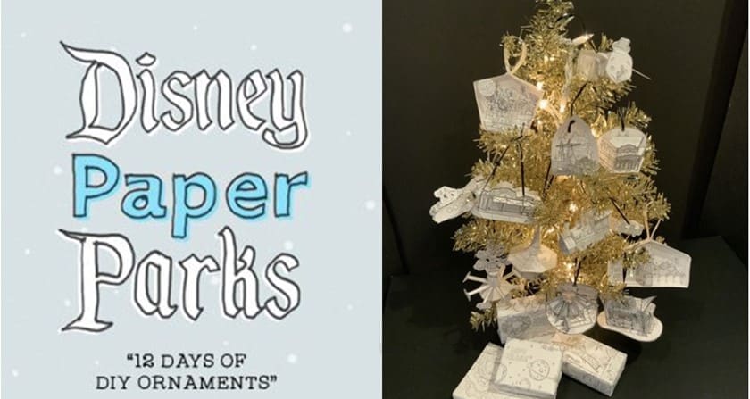 Disney Paper Parks cover alongside a Christmas tree adorned with handmade Disney paper ornaments and festive Disney Parks-themed crafts, capturing the holiday spirit of the parks.