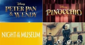 Exciting highlights for Disney fans: Four images featuring upcoming Walt Disney Studios Motion Pictures—"Peter Pan & Wendy," "Pinocchio," "Night at the Museum," and Cruella with her Dalmatians—showcased during Disney Investor Day, promising new adventures inspired by beloved stories found throughout Disney Parks and Resorts.
