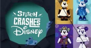 Stitch Crashes Disney sign displayed on the left; on the right, four Main Attraction Collection Minnie Mouse plush dolls dressed in iconic themed costumes, perfect for Disney Parks fans and collectors.