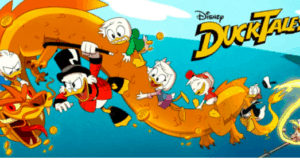 Scrooge McDuck and the DuckTales crew soar through the sky on a shimmering golden dragon, weaving between sparkling coins as they relive thrilling moments from DuckTales’ third season. Above, the iconic DuckTales logo takes center stage in this action-packed scene—perfect for fans dreaming of high-flying adventures straight out of their favorite show.