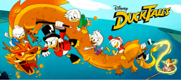 Scrooge McDuck and the DuckTales crew soar through the sky on a shimmering golden dragon, weaving between sparkling coins as they relive thrilling moments from DuckTales’ third season. Above, the iconic DuckTales logo takes center stage in this action-packed scene—perfect for fans dreaming of high-flying adventures straight out of their favorite show.