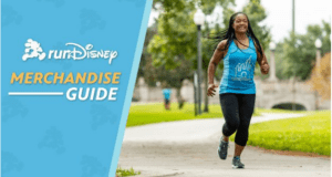 A Disney Parks runner jogs through a scenic park in a blue runDisney tank top, alongside a vibrant New Merchandise Guide highlighting the latest official runDisney gear.