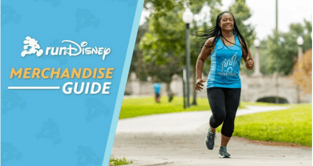 A Disney Parks runner jogs through a scenic park in a blue runDisney tank top, alongside a vibrant New Merchandise Guide highlighting the latest official runDisney gear.