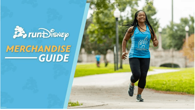 A Disney Parks runner jogs through a scenic park in a blue runDisney tank top, alongside a vibrant New Merchandise Guide highlighting the latest official runDisney gear.