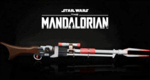 The Mandalorian’s Amban Phase-pulse Blaster Nerf rifle, inspired by the hit Star Wars series, is showcased below The Mandalorian logo against a dramatic black backdrop, capturing the excitement of Star Wars galaxy adventures.