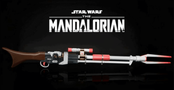 The Mandalorian’s Amban Phase-pulse Blaster Nerf rifle, inspired by the hit Star Wars series, is showcased below The Mandalorian logo against a dramatic black backdrop, capturing the excitement of Star Wars galaxy adventures.