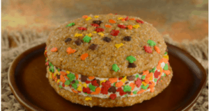 Oatmeal cookie ice cream sandwich decorated with colorful sprinkles, served on a brown plate—this whimsical dessert channels the nostalgic flavors of Disney's Animal Kingdom Pumpkin Cookie Ice Cream Sandwich, offering theme park fans a magical sweet treat reminiscent of park-exclusive snacks.