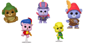 Five vibrant Gummi Bear-style POP cartoon bear characters dressed in playful medieval costumes appear ready for adventure, floating and standing against a bright backdrop like stars from an animated parade at a whimsical family theme park.