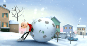 A cartoon character rolls a giant, slushy snowball down a whimsical, snowy street as flakes fall around him, evoking the playful animation style seen in Disney parks shows or attractions inspired by Diary of a Wimpy Kid.