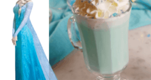 Elsa from Frozen poses beside a Frozen-themed icy blue drink topped with whipped cream and blue sprinkles, perfect for fans visiting the Disney Parks.