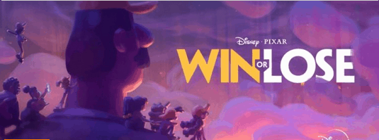 Pixar’s animated characters from Win or Lose pose vividly in front of a purple, cloud-filled backdrop with the “WIN or LOSE” title and Disney Pixar logo, capturing the imaginative world of the series now featured on Disney+—inviting fans to experience all the excitement of Pixar storytelling.