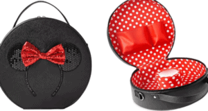 Minnie Mouse-inspired round black carry case featuring iconic mouse ears, a sparkly red sequin bow, and a playful red polka dot interior—ideal for safely storing your favorite Parks ear headbands. Pictured both open to display the lining and closed to showcase its signature Minnie design.