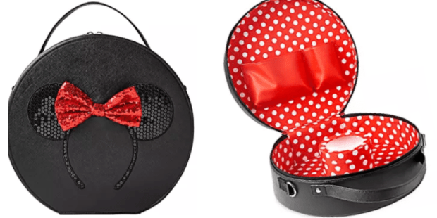 Minnie Mouse-inspired round black carry case featuring iconic mouse ears, a sparkly red sequin bow, and a playful red polka dot interior—ideal for safely storing your favorite Parks ear headbands. Pictured both open to display the lining and closed to showcase its signature Minnie design.