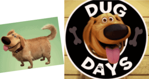 Dug, the lovable golden dog from Pixar, beams with excitement next to the playful "Dug Days" logo featuring his face and two cartoon bones, inviting fans at Disney Parks and Disney+ viewers alike to celebrate this heartwarming series.