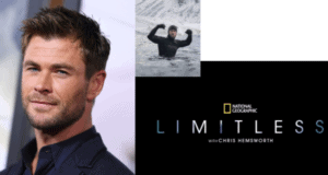Chris Hemsworth featured front and center, riding an epic wave and surrounded by the LIMITLESS title alongside the National Geographic logo, all set on a dramatic black background, highlighting Limitless with Chris Hemsworth now streaming on Disney+.