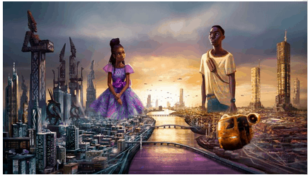 A girl in a vibrant purple dress and a boy accompanied by his robot explore the dazzling, futuristic cityscape inspired by Disney+'s Iwájú, glowing at sunset with the excitement of an immersive theme park experience.