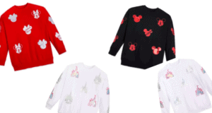 Four comfy sweatshirts featuring classic Mickey Mouse graphics in red, black, and white are displayed against a white background—ideal apparel for any Disney parks fan looking to show their love for Mickey on their next magical visit.