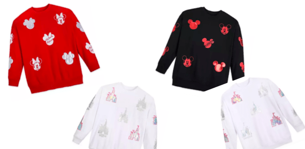 Four comfy sweatshirts featuring classic Mickey Mouse graphics in red, black, and white are displayed against a white background—ideal apparel for any Disney parks fan looking to show their love for Mickey on their next magical visit.