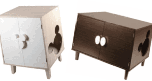 Two small wooden cabinets featuring iconic Mickey Mouse-shaped cutouts and round handles, these whimsical cat cabinets bring a touch of Disney magic to any home—perfect for fans who want a bit of the theme park experience in their feline’s furniture.