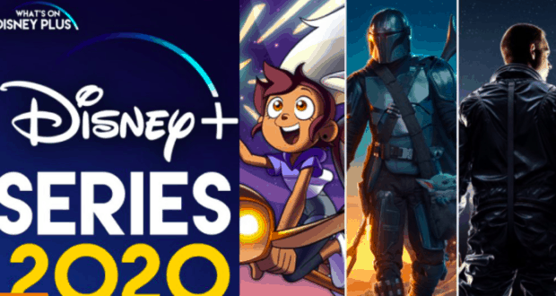 Disney+ 2020 series poster showcasing beloved classic and new Disney characters, both animated and live-action, standing together as if ready to greet guests at a Disney theme park parade, celebrating fan-favorite originals from that year.