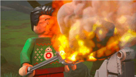 A LEGO holiday character toasts marshmallows over an oversized campfire in a festive outdoor scene filled with hidden Star Wars Holiday Special nods, bringing playful movie magic to a brick-built celebration perfect for fans of both LEGO and themed entertainment.