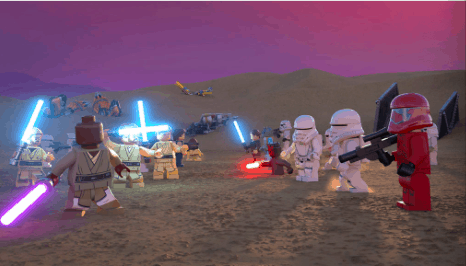 LEGO Star Wars heroes and villains, armed with lightsabers and blasters, engage in an epic showdown on a sunlit sandy arena. Guests will love spotting hidden Holiday Special Easter Eggs throughout this dynamic scene, perfect for fans enjoying a themed attraction experience.