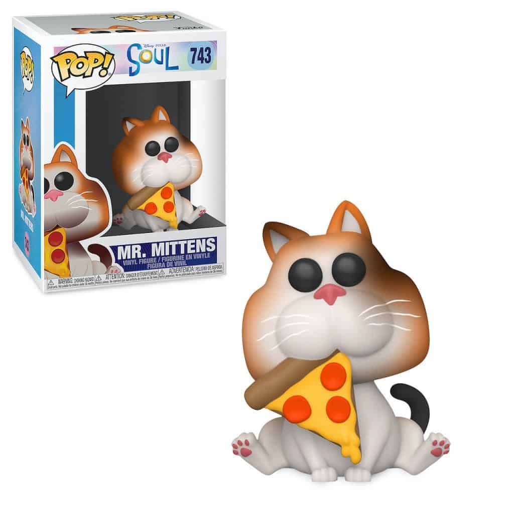 Mr. Mittens from Disney Pixar’s Soul, captured as a Funko Pop! vinyl figure holding pizza, is featured alongside its collectible box—an irresistible souvenir for guests exploring Pixar-themed attractions or shopping at Disney parks.