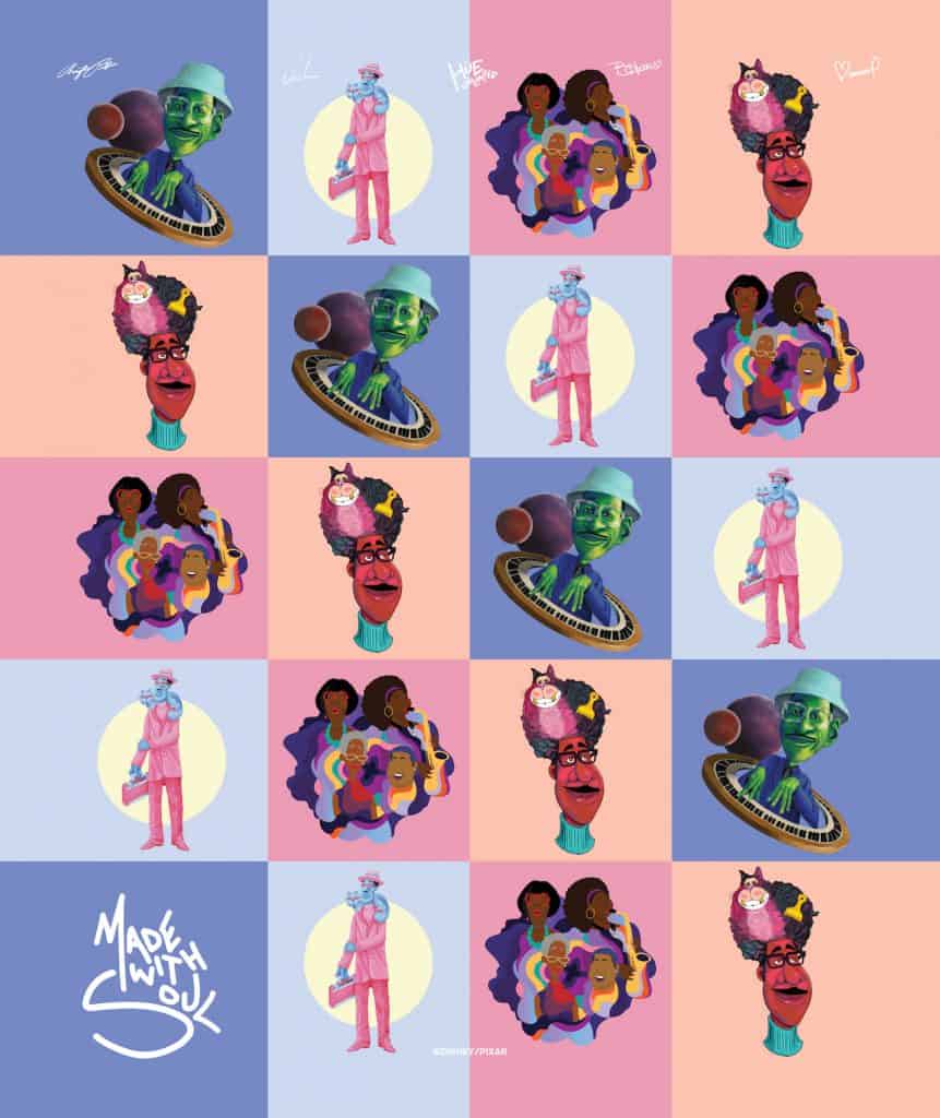 Vibrant grid featuring beloved Pixar Soul characters, expressive faces, and whimsical objects in bold pop-art style against pastel backgrounds, capturing the playful spirit of Pixar merchandise found at Disney parks.