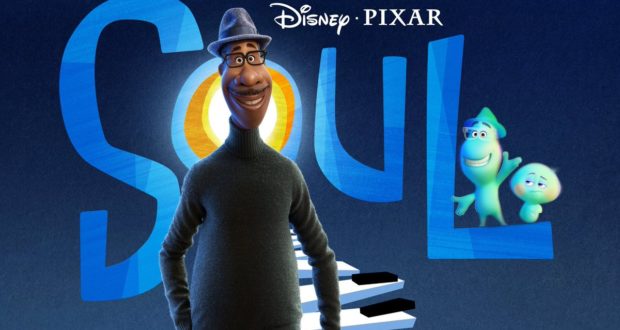 Joe Gardner stands on a piano key path in front of the glowing "Soul" logo with two blue soul characters, set beneath the Disney Pixar branding—evoking Pixar’s soulful magic for fans of the film and visitors to Disney Parks exploring Soul-inspired attractions or movie-themed events on Disney+.