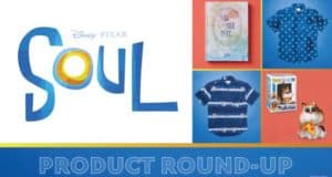 New Soul-themed shirts, a branded notebook, and collectible figurines showcased against a vibrant graphic backdrop, perfect for fans looking to bring home a piece of the New Soul experience.